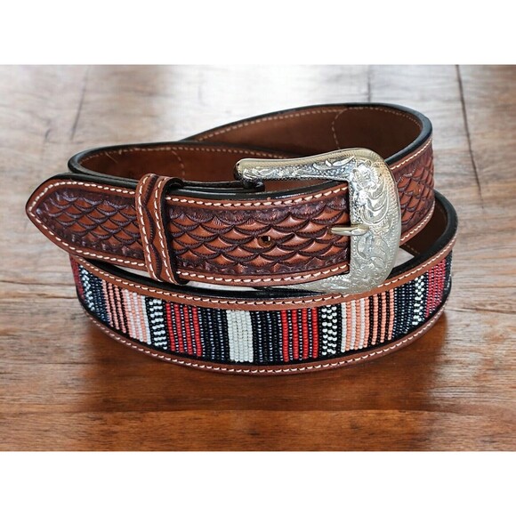 Country Western Rodeo Multicolor Brown Tooled Leather Belt Floral Billet Size 38 - Picture 4 of 6